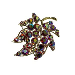 Vintage BSK Gold Tone Aurora Borealis Rhinestone Maple Leaf Brooch Pin Signed